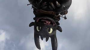 Toothless Night Fury Dragon Diving Through Cloudy Sky in How to Train Your Dragon HD wallpaper