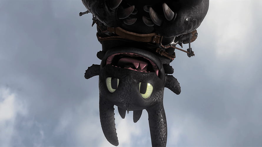 Toothless Night Fury Dragon Diving Through Cloudy Sky in How to Train Your Dragon HD wallpaper
