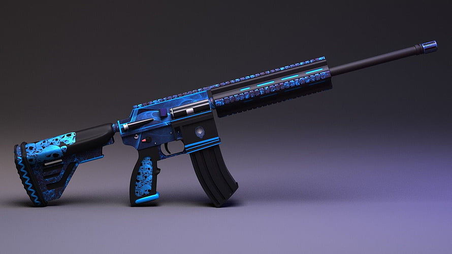 PUBG M416 Glacier Skin with Blue Skull Pattern and Neon Accents HD wallpaper