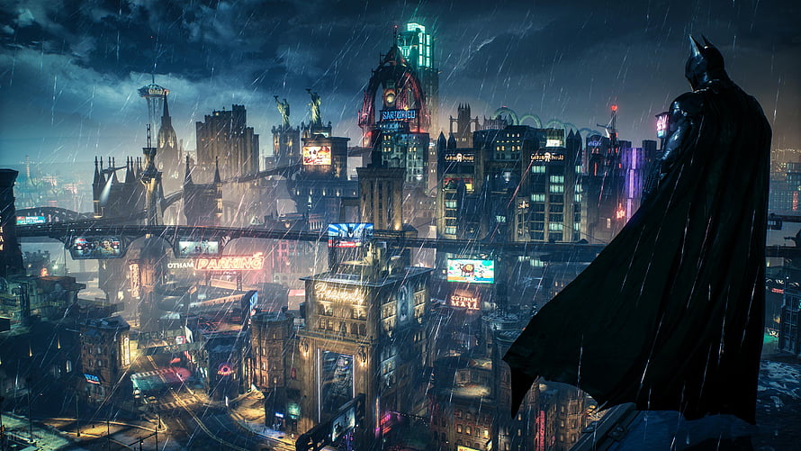 Batman Arkham Knight overlooking Gotham City skyline in the rain at night HD wallpaper