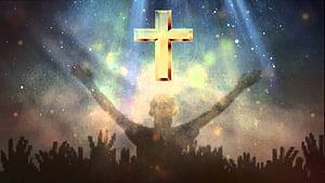 Golden Cross Above Worshipper With Raised Arms in Ethereal Starlight HD wallpaper
