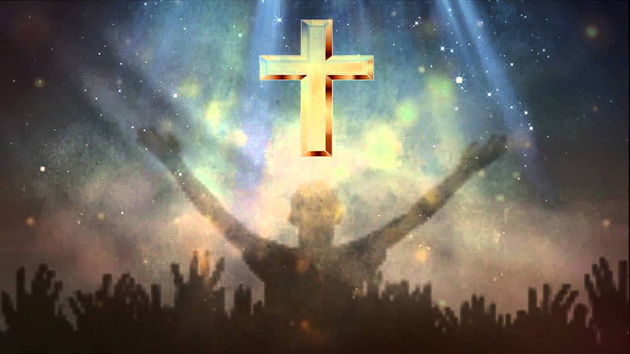Golden Cross Above Worshipper With Raised Arms in Ethereal Starlight HD wallpaper