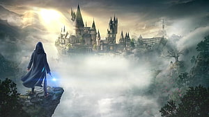 Hogwarts Legacy Wizard Gazing at Misty Castle from Cliff Edge HD wallpaper