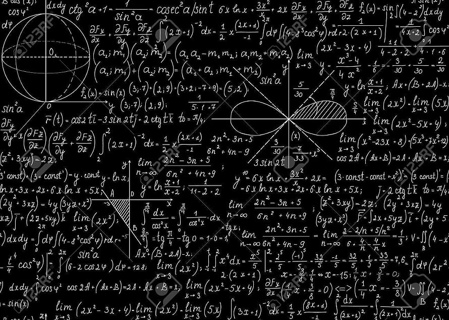 Black Chalkboard Filled With White Mathematical Equations, Calculus Formulas, and Geometric Diagrams HD wallpaper