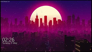 Vibrant Purple Cityscape with Giant Moon and Starry Night Sky Digital Art HD wallpaper