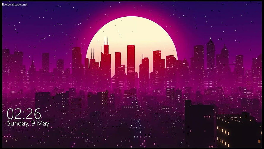 Vibrant Purple Cityscape with Giant Moon and Starry Night Sky Digital Art HD wallpaper