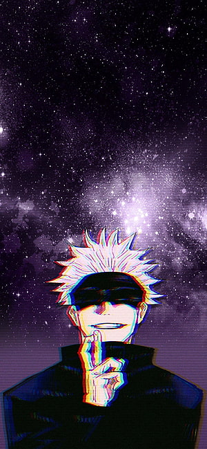 Satoru Gojou from Jujutsu Kaisen in a Glitch Art Style Against a Starry Night Sky HD phone wallpaper
