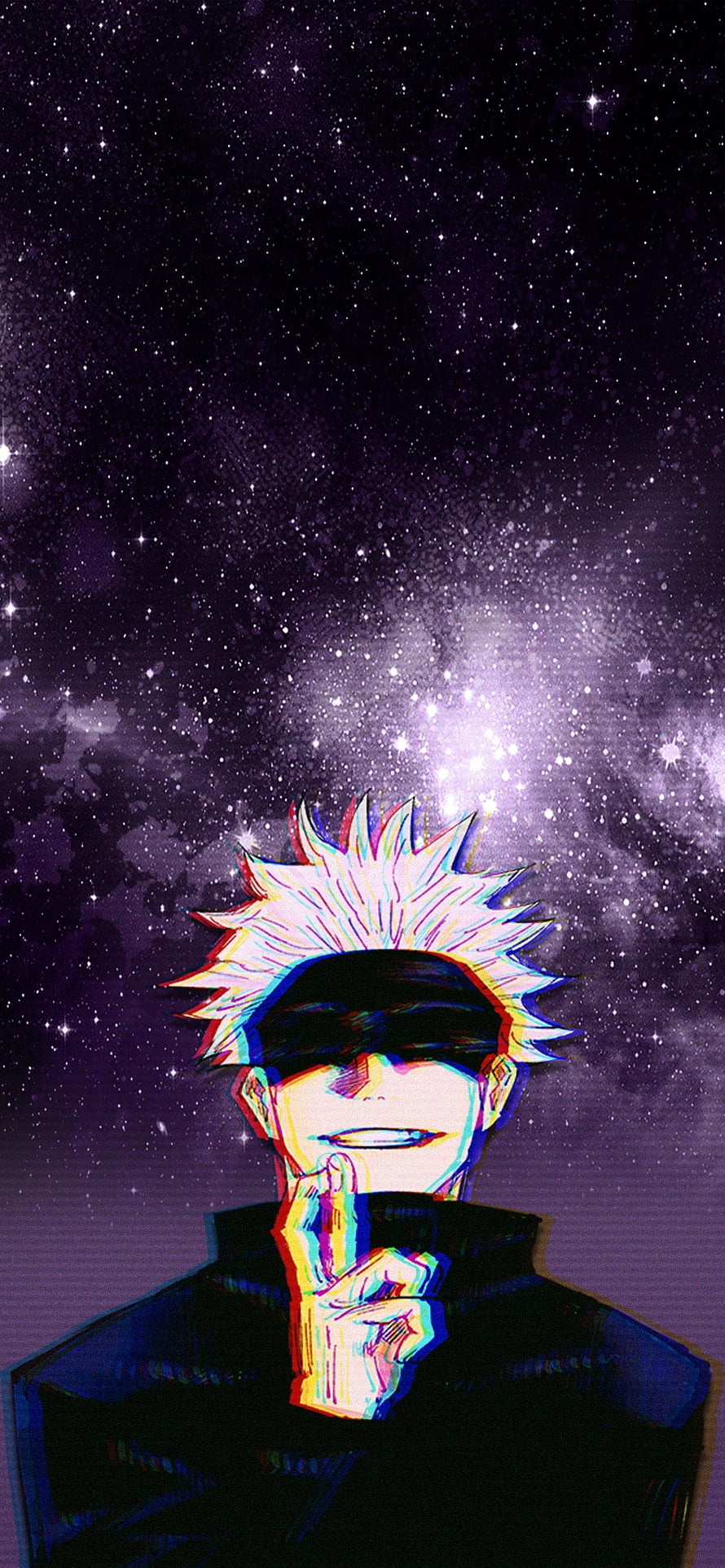 Satoru Gojou from Jujutsu Kaisen in a Glitch Art Style Against a Starry Night Sky HD phone wallpaper