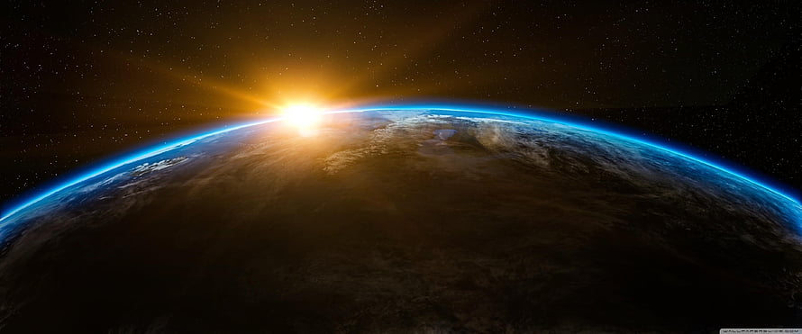 Sunrise Over Earth's Curved Horizon With Blue Atmospheric Glow and Starry Space Background HD wallpaper