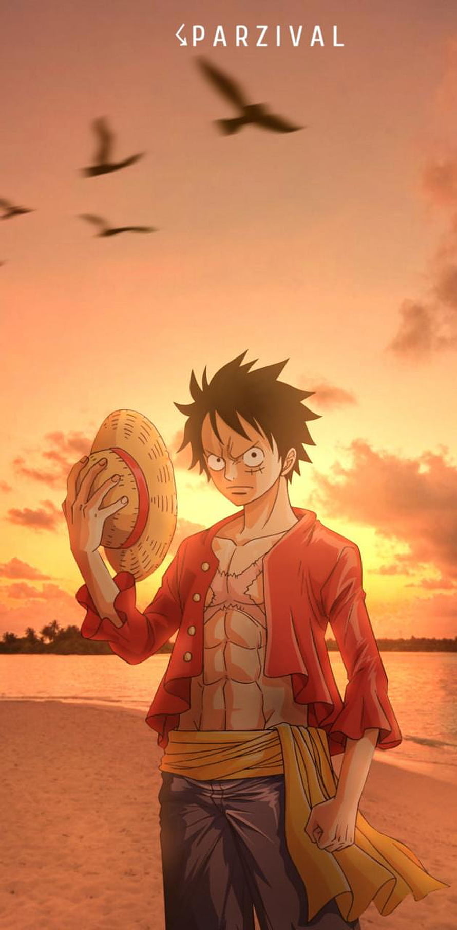 Monkey D. Luffy Standing on Beach at Sunset Holding Straw Hat HD phone wallpaper
