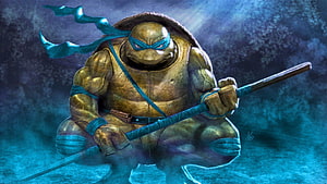 Leonardo from Teenage Mutant Ninja Turtles in a dynamic fighting stance with his signature blue mask and nunchaku HD wallpaper