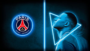 Paris Saint-Germain Neon Logo and Player Portrait on Dark Blue Background HD wallpaper