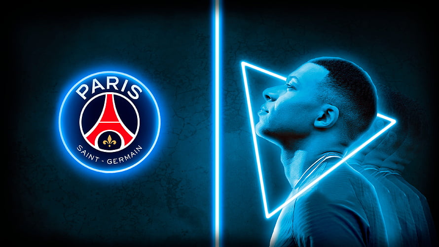 Paris Saint-Germain Neon Logo and Player Portrait on Dark Blue Background HD wallpaper