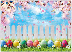 Spring Easter Scene With Colorful Eggs, White Fence, and Pink Cherry Blossoms Under Blue Sky HD wallpaper