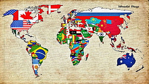 Vintage World Map Filled With National Flags of Every Country HD wallpaper