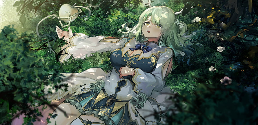 Ceres Fauna Anime Character Lying in Lush Green Forest with White Dress and Golden Accents HD wallpaper