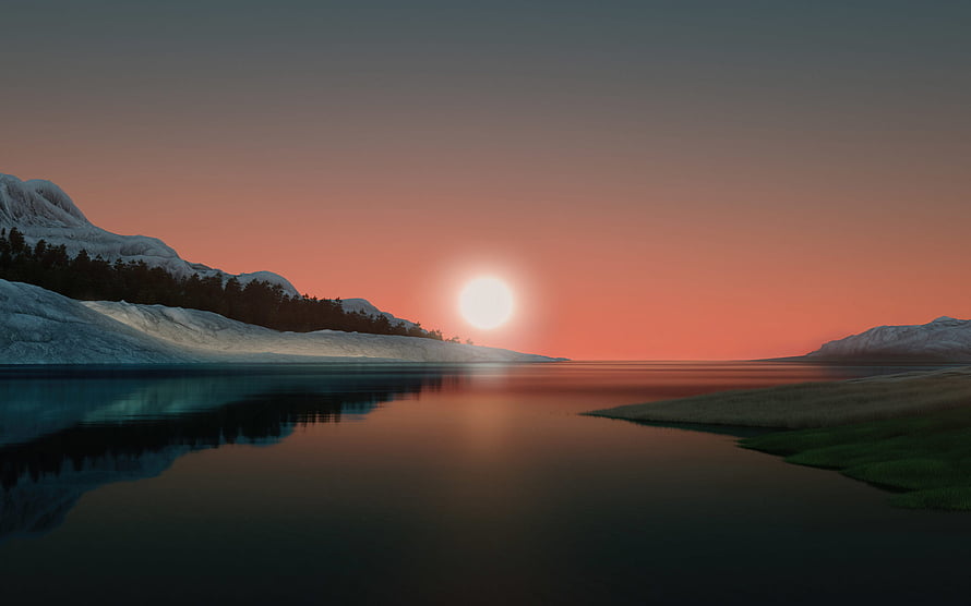 Serene Winter Lake at Sunset with Snow-Capped Mountains and Calm Water Reflections HD wallpaper