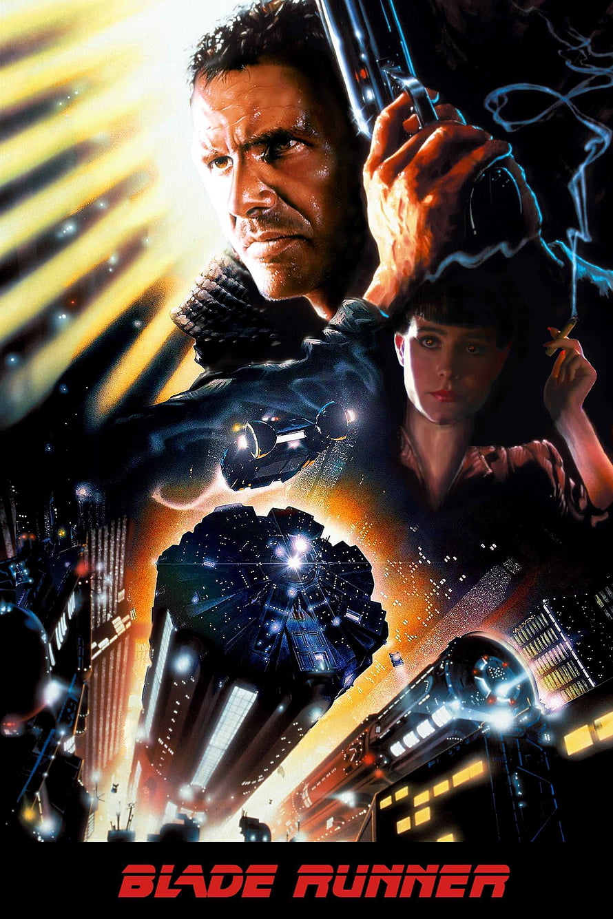 Blade Runner 1982 Movie Poster Featuring Harrison Ford and Rutger Hauer in Cyberpunk Cityscape HD phone wallpaper