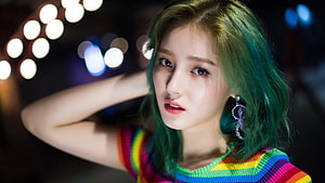 Momoland Nancy Portrait With Green Hair And Rainbow Striped Top HD wallpaper