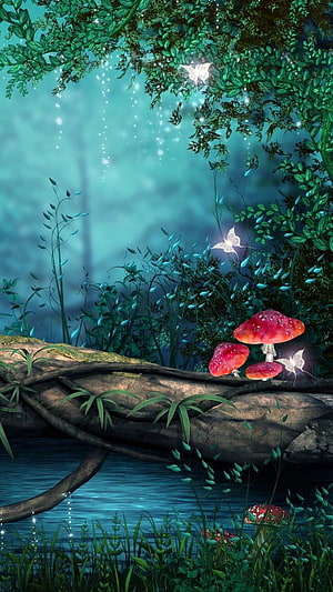 Enchanted Forest Scene with Glowing Mushrooms and Fireflies by a Stream HD phone wallpaper