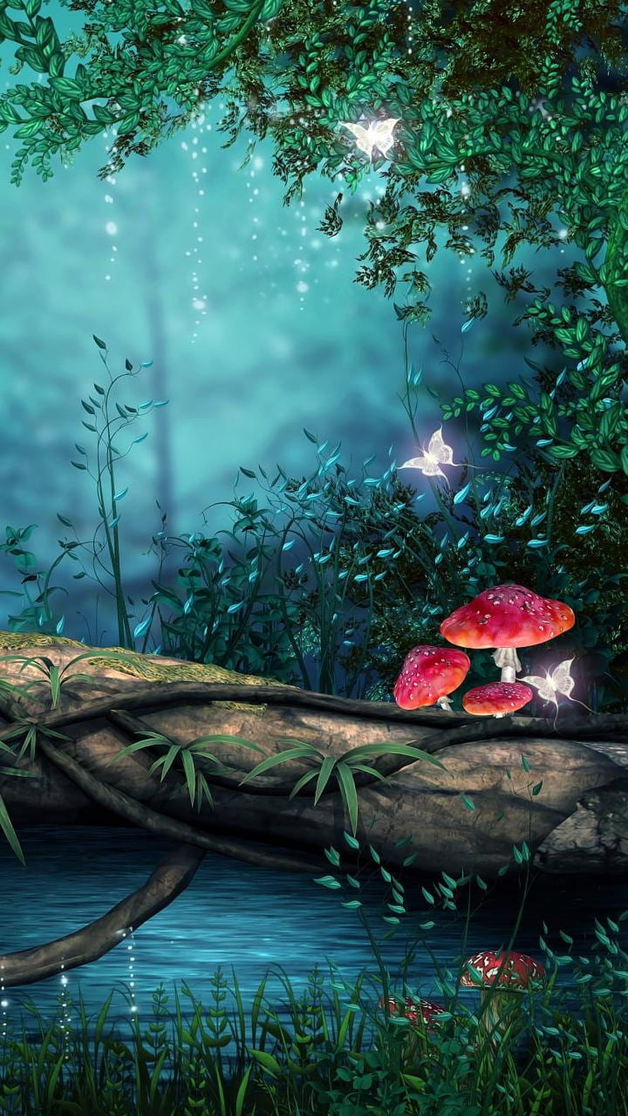 Enchanted Forest Scene with Glowing Mushrooms and Fireflies by a Stream HD phone wallpaper