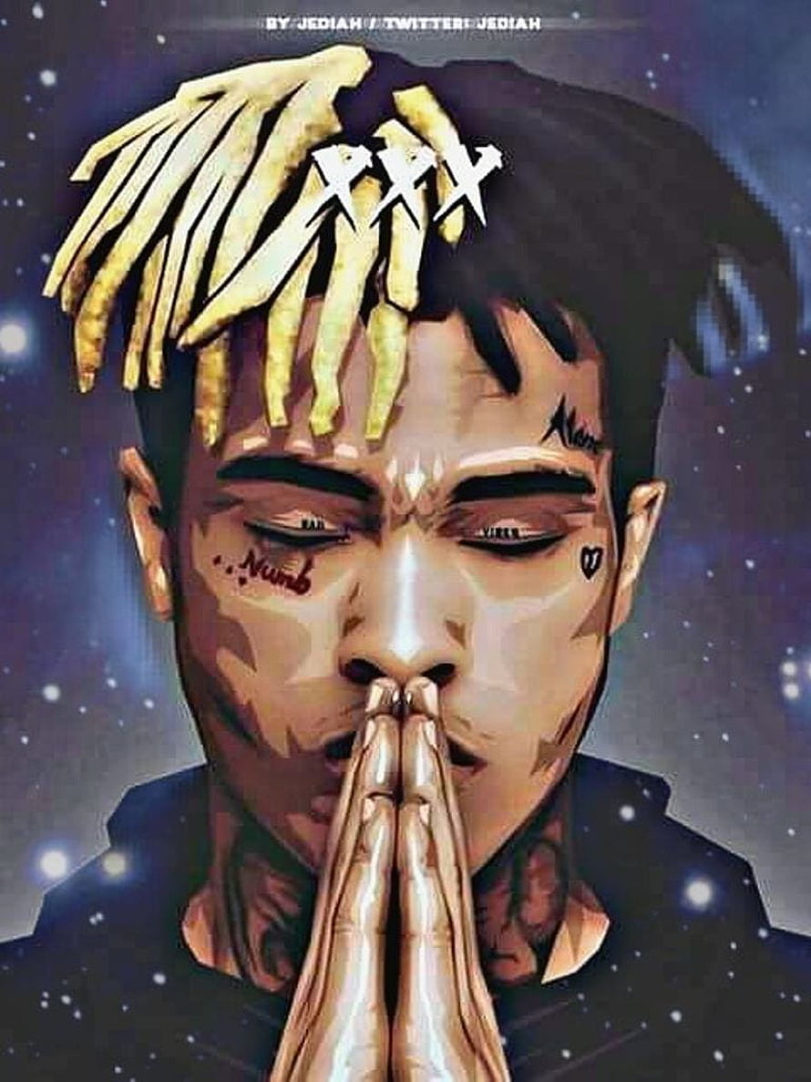 XXXTentacion Digital Art Portrait With Praying Hands And Starry Background HD phone wallpaper
