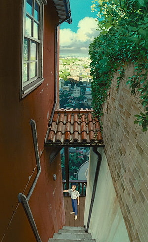 Whisper of the Heart anime scene with a boy on a narrow rooftop walkway overlooking a city HD phone wallpaper
