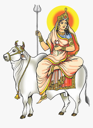 Shailputri Devi Riding Nandi Bull with Trident and Lotus in Traditional Indian Art HD phone wallpaper