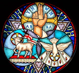 Holy Trinity Stained Glass Window with Lamb and Dove HD wallpaper