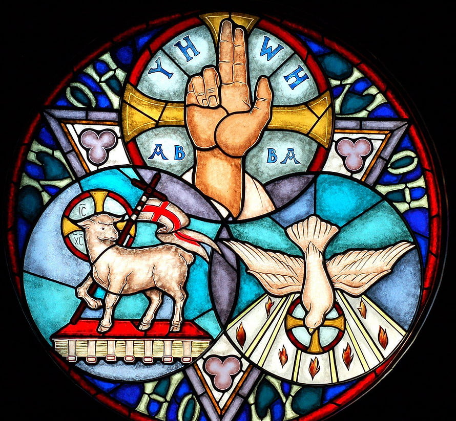 Holy Trinity Stained Glass Window with Lamb and Dove HD wallpaper