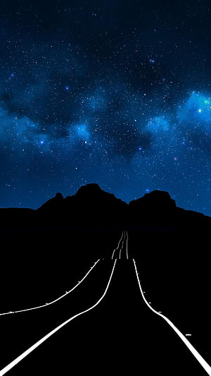 Starry Night Sky Over Mountain Silhouette With Desert Highway Road HD phone wallpaper