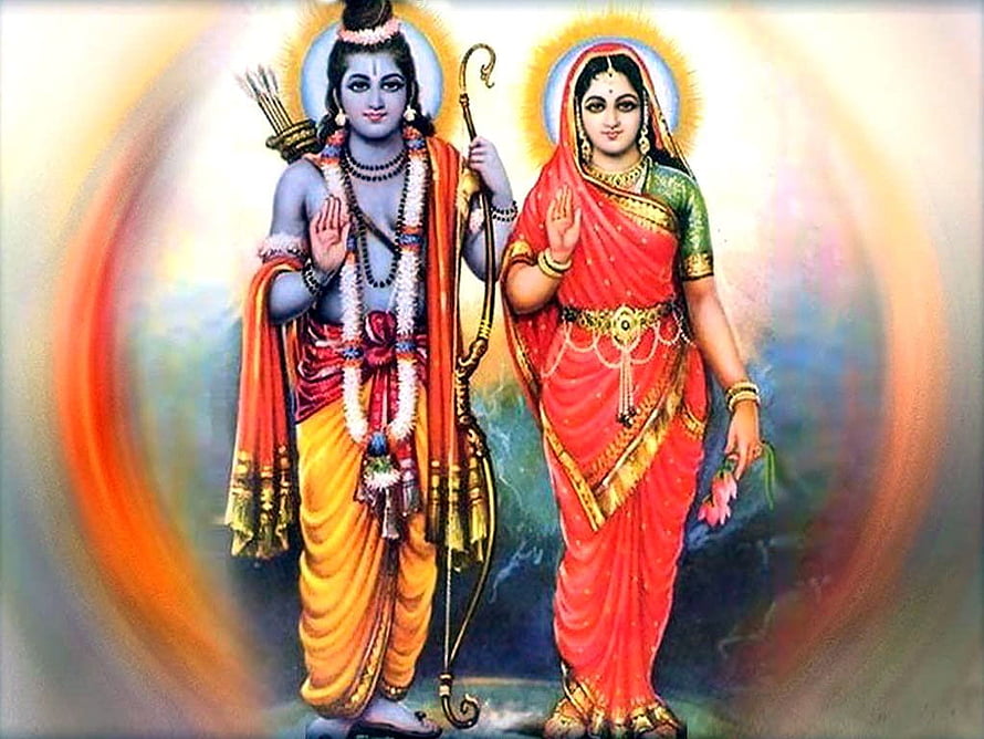 Ram and Sita Divine Couple Portrait with Halos and Traditional Attire HD wallpaper
