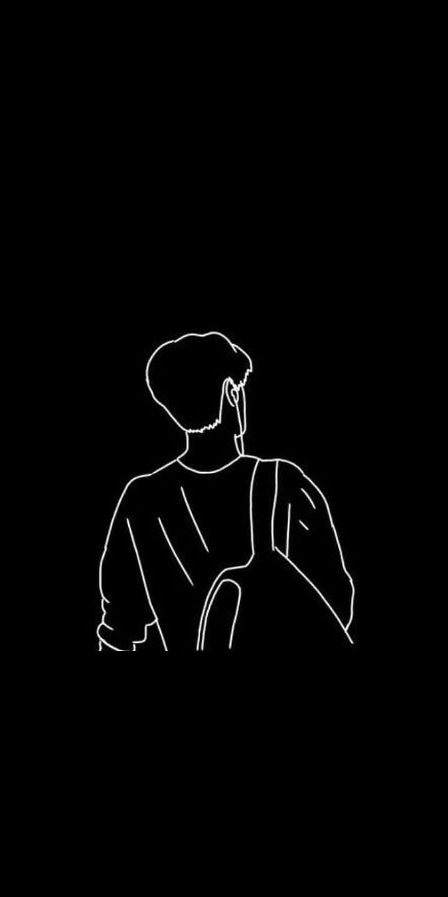 Minimalist white line art of a person with a backpack on a black background HD phone wallpaper