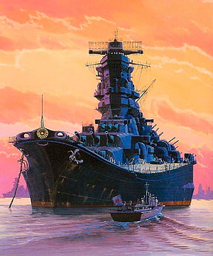 IJN Yamato battleship at sunset with rising sun emblem and small boat in foreground HD phone wallpaper