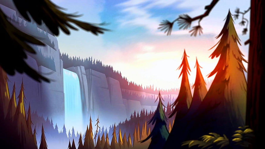 Gravity Falls Animated Forest Landscape with Waterfall and Pine Trees at Sunset HD wallpaper