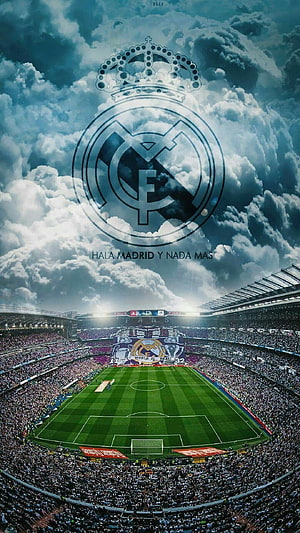 Real Madrid Stadium Crowd and Crest Under Dramatic Cloudy Sky HD phone wallpaper