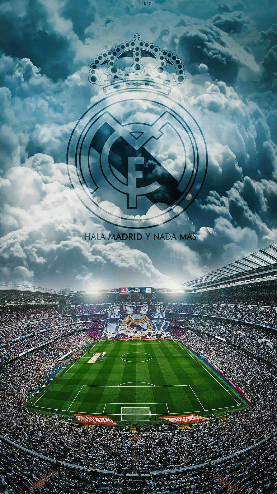 Real Madrid Stadium Crowd and Crest Under Dramatic Cloudy Sky HD phone wallpaper