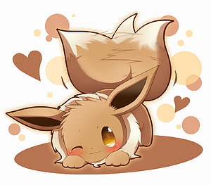 Cute Eevee Lying Down with Winking Expression and Floating Hearts in Soft Brown Tones HD wallpaper