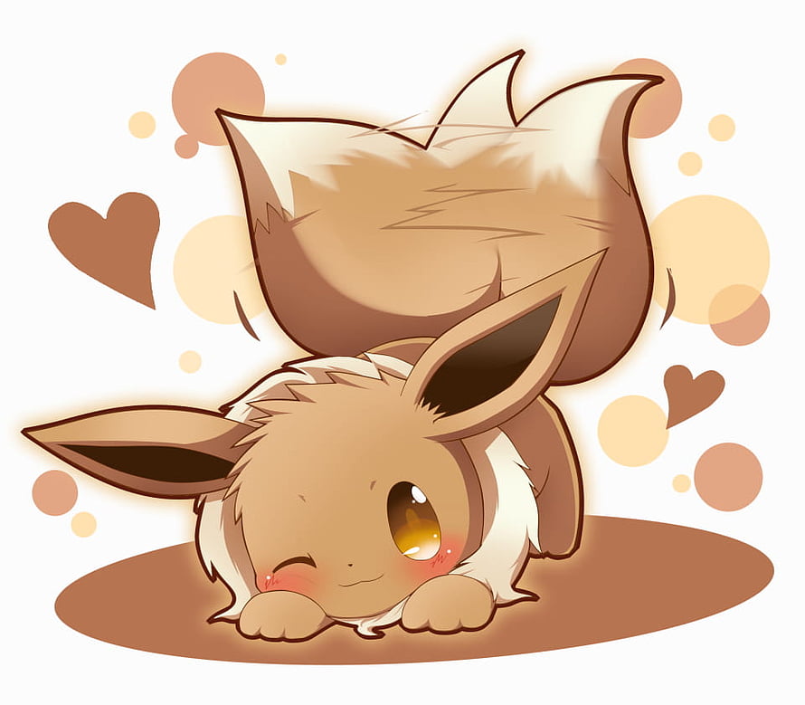 Cute Eevee Lying Down with Winking Expression and Floating Hearts in Soft Brown Tones HD wallpaper