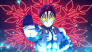 Akaza Demon Slayer Anime Character with Glowing Eyes and Neon Red Background HD wallpaper