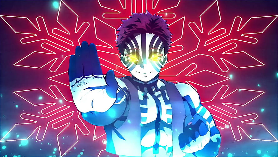 Akaza Demon Slayer Anime Character with Glowing Eyes and Neon Red Background HD wallpaper