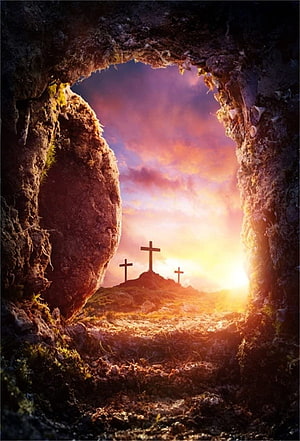 View of Three Crosses on Golgotha Through the Opened Stone of the Empty Tomb at Sunrise HD phone wallpaper