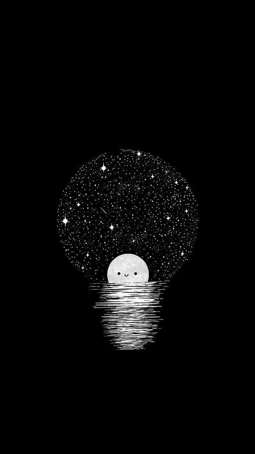 Cute Moon and Starry Sky Lightbulb Minimalist Black and White Illustration HD phone wallpaper