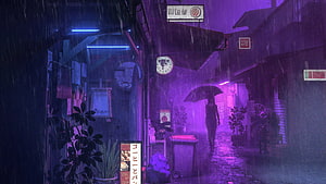 Neon-lit rainy alleyway with a lone figure under an umbrella in a cyberpunk anime style HD wallpaper