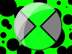 Ben 10 Omnitrix Device Icon on Green and Black Polka Dot Background HD wallpaper