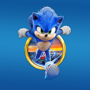 Sonic the Hedgehog Leaping Through Golden Ring with Cityscape and Sunset Sky HD phone wallpaper