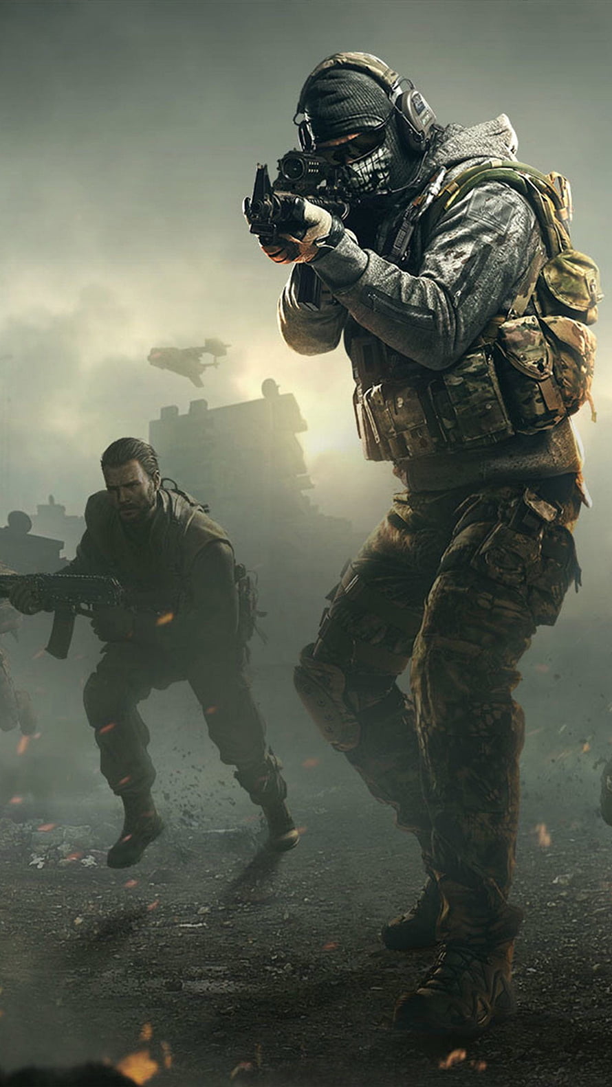 Modern Special Forces Operators in Tactical Combat Gear Amidst Battlefield Smoke and Debris HD phone wallpaper