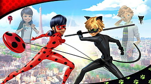 Miraculous Ladybug and Cat Noir Action Artwork Over Paris Cityscape HD wallpaper