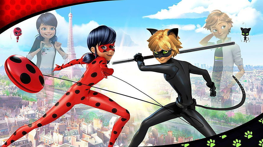 Miraculous Ladybug and Cat Noir Action Artwork Over Paris Cityscape HD wallpaper