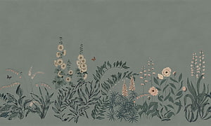 Sage Green Botanical Illustration with Wildflowers and Butterflies HD wallpaper
